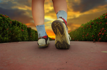 woman walking in the park, sport shoe closeup