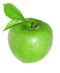 Green apple with leaves isolated on a white background