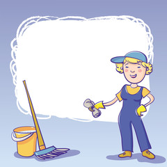 Vector Frame With Janitor, Bucket And Mop.