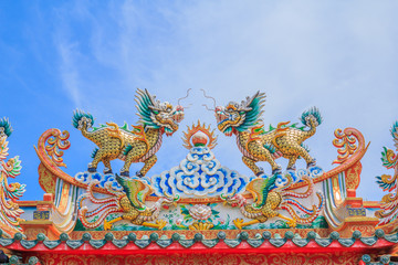 Twin China Dragon statue on a roof at temple