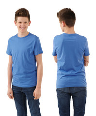 Slim teenager with blank blue shirt