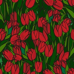czerwone tulipany kwiaty na białym tle nieskończony deseń © demonique