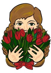 romantyczna kartka na święto kwiaty od kaukaskiej dziewczynki - obrazy, fototapety, plakaty
