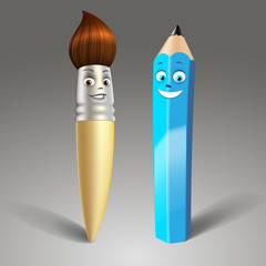 Cartoon pencil and brush