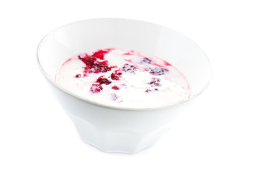 Fresh yogurt with  blackberry in a white bowl, isolated