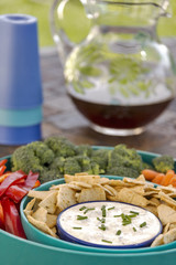 Dip with pita chips, vegetables and iced tea served outdoors