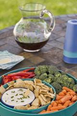 Dip with pita chips, vegetables and iced tea served outdoors