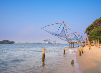 Kochi chinese fishnets in twilight in Kochi, Kerala. Fort Kochin