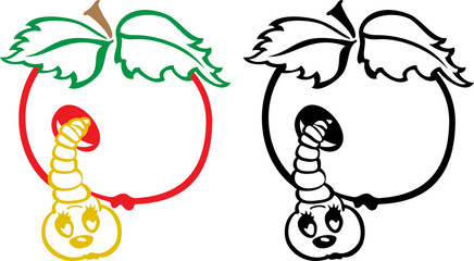 Worm and apple - black and white cartoon illustration