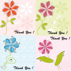 Set of four greeting cards with cute flowers