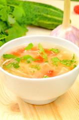 Sauerkraut soup in white bowl