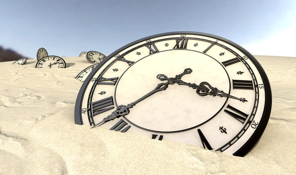 Antique Clocks In Desert Sand Closeup