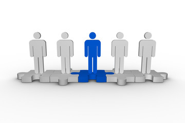 Meshed jigsaw pieces with human figures standing in line