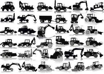 Set of 35 silhouettes of a tractors of road service