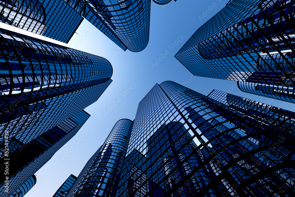 Poster Reflective skyscrapers, business office buildings.