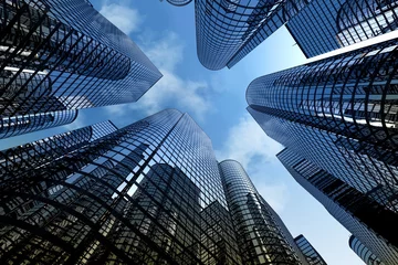  Reflecterende wolkenkrabbers, zakelijke kantoorgebouwen. © Dabarti