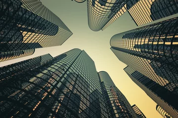  Reflecterende wolkenkrabbers, zakelijke kantoorgebouwen. © Dabarti