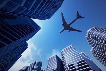 Foto op Plexiglas Bedrijfstorens met een vliegtuigsilhouet © Dabarti