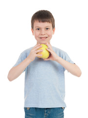 boy with apple on white