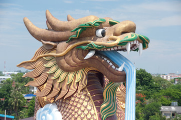 Outdoor large golden dragon in temple,Middle of Thailand.