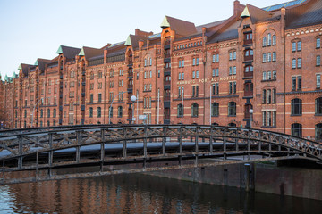 View into a channel at the Speicherstadt