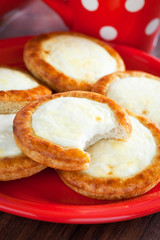 Open mini pies with cottage cheese, selective focus