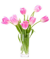 Pink tulips bouquet in vase isolated on white background