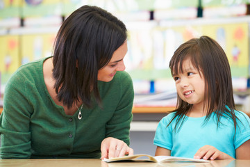 Elementary Pupil Reading With Teacher In Classroom