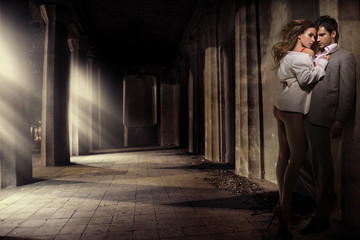 Great shot of sensual couple in antique area