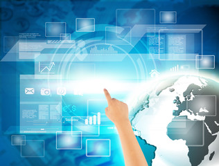 hand touching digital virtual technology in the world