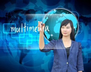 businesswoman hand writing multimedia