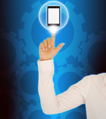 businesswoman hand pushing tablet computer