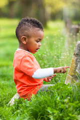 Outdoor portrait of a cute young  little black boy playing outsi