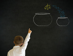 Hand up answer boy business man with chalk fish jump bowl