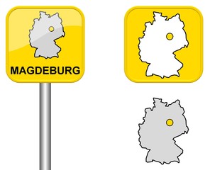 Magdeburg - Ortsschild, Button und Deutschlandkarte