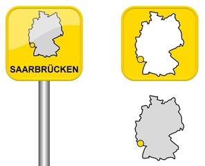 Saarbrücken - Ortsschild, Button und Deutschlandkarte