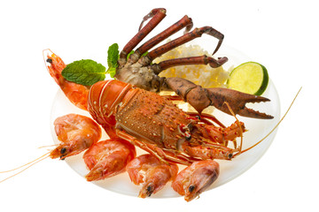 Spiny lobster, shrimps, crab legs  and rice