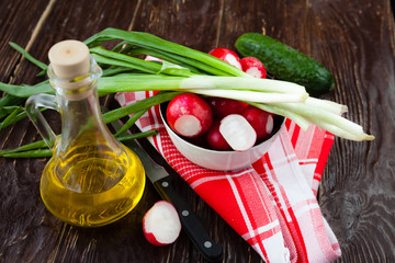 choicest ingredients for a salad, radishes and green onions