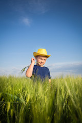 Naklejka na ściany i meble Happy boy in the middle of wheat fields
