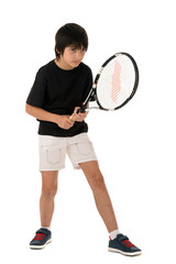 portrait of a handsome boy with a tennis racket isolated on whit