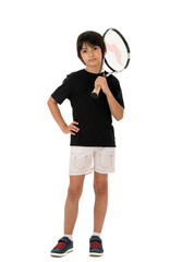 portrait of a handsome boy with a tennis racket isolated on whit