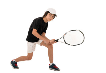 portrait of a handsome boy with a tennis racket isolated on whit