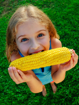 Child in the garden - lovely girl eating corn on the cob