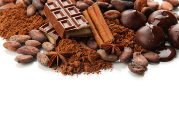 Composition of chocolate sweets, cocoa and spices, isolated