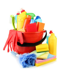 Cleaning items in bucket isolated on white