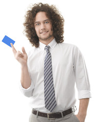 Business man handing a blank business card