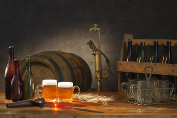 beer still life on the table with old  beer kegs tap