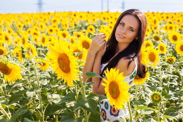 Beautiful young woman on the sunflowers field