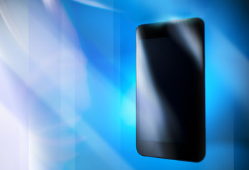 Black smart phone on blue defocus background, concept, template