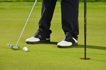 Man playing golf, Golfer Sinking an Early Morning Putt